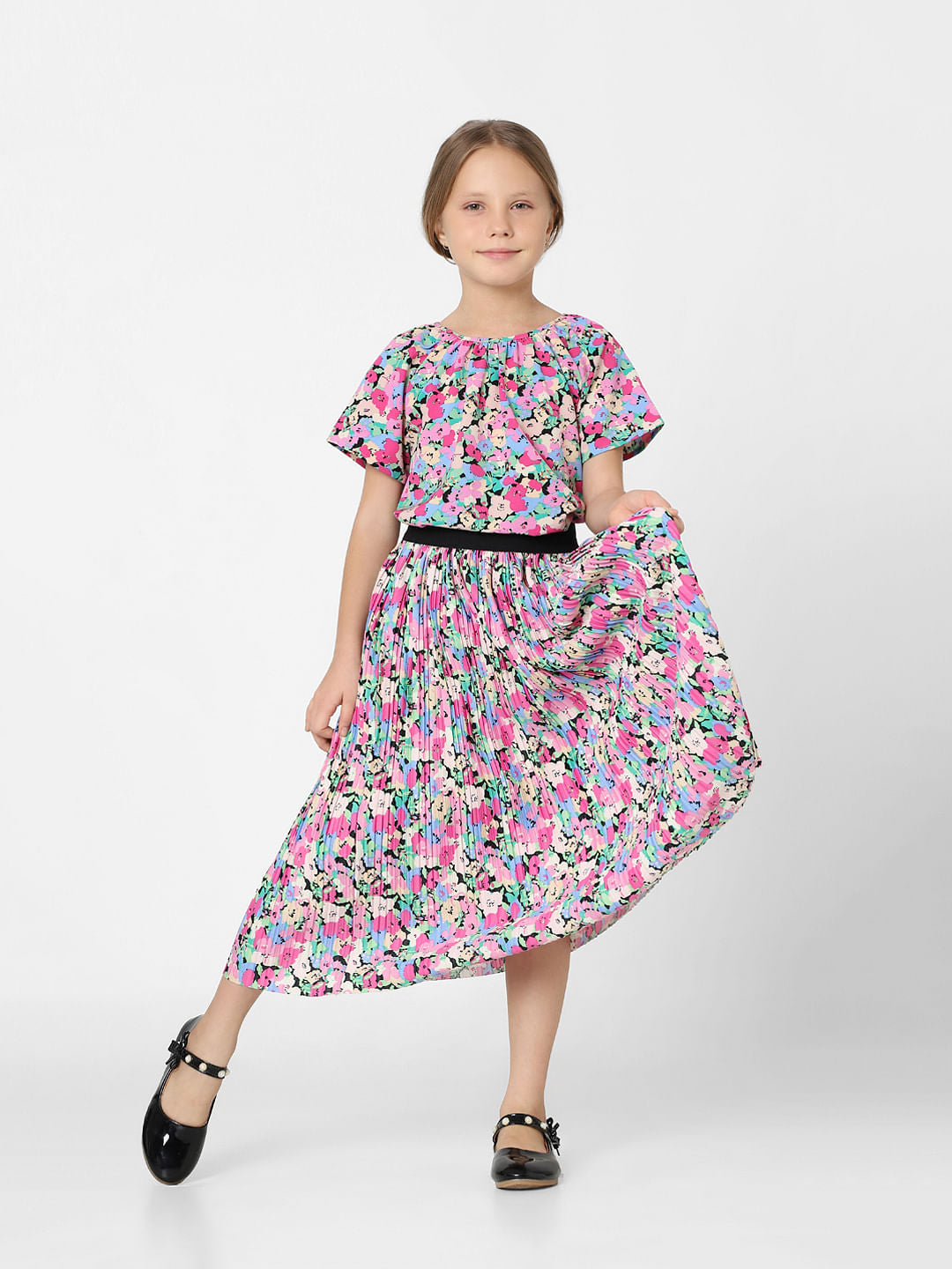Pink Floral Pleated Co-Ord Skirt