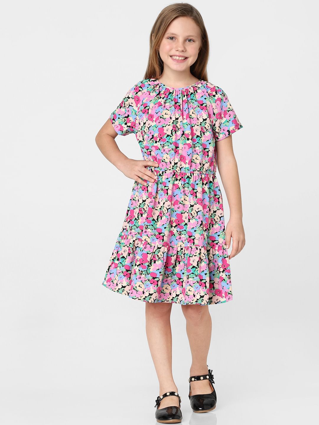 Girls Black Floral Print A-Line Dress