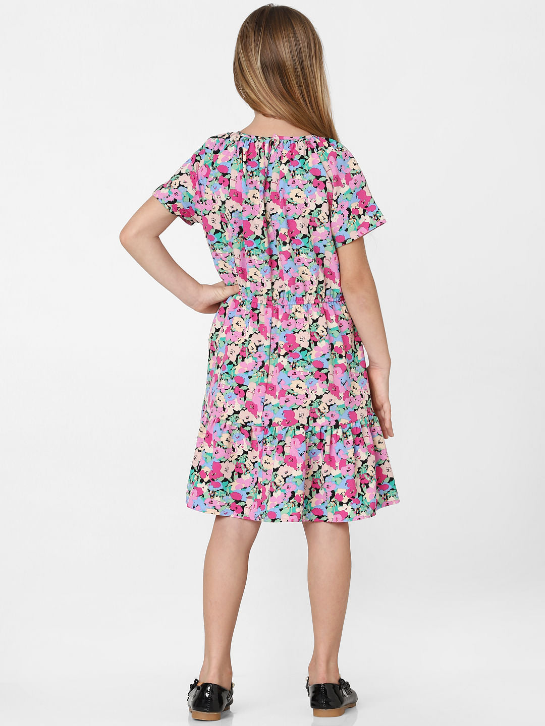 Girls Black Floral Print A-Line Dress