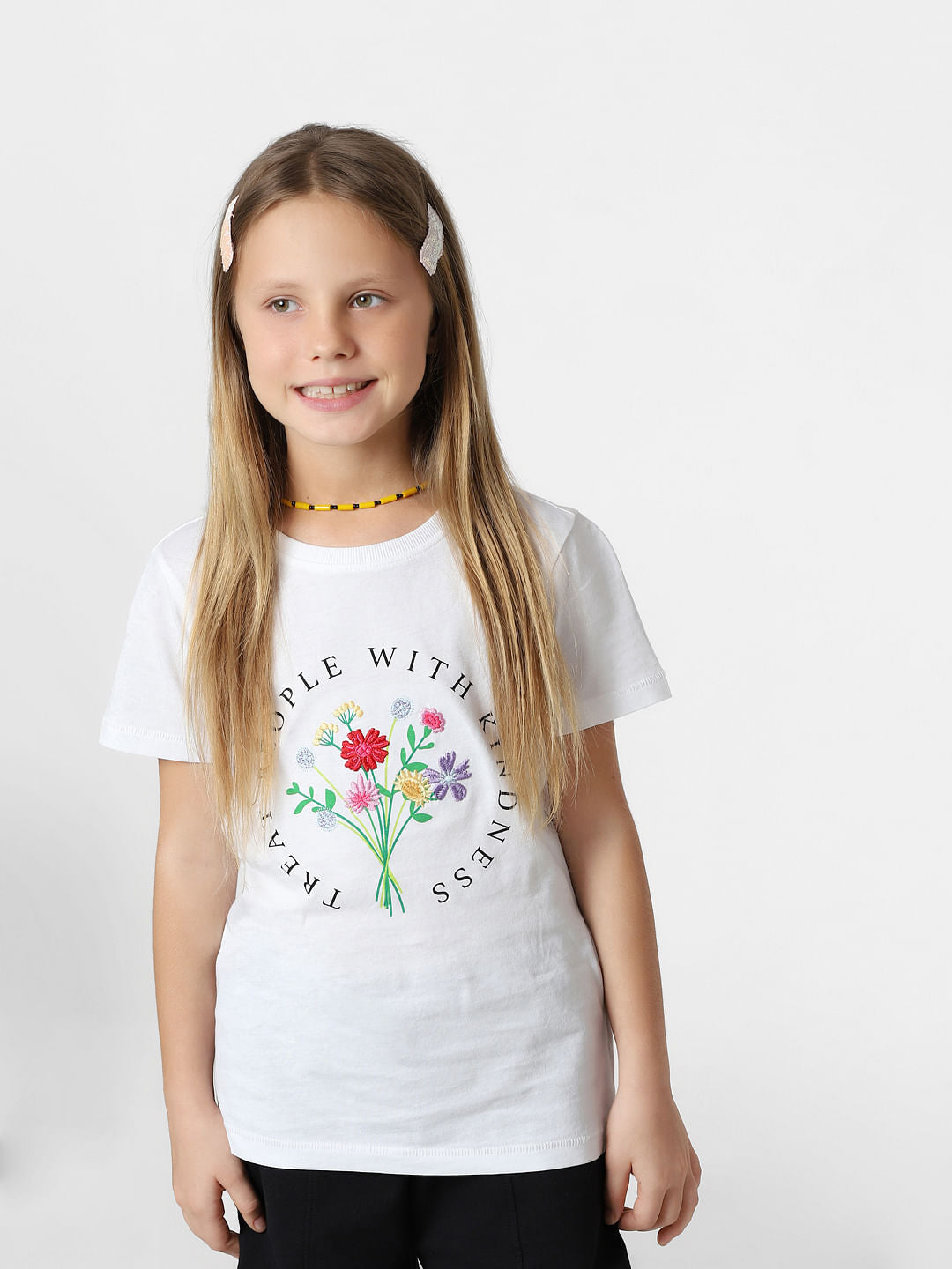 Girls White Floral Print T-Shirt