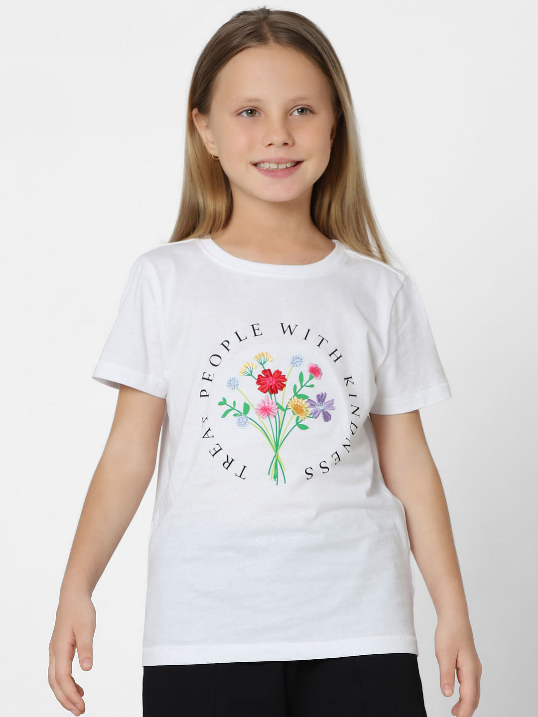 Girls White Floral Print T-Shirt