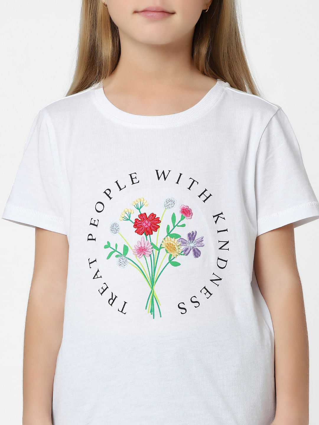 Girls White Floral Print T-Shirt
