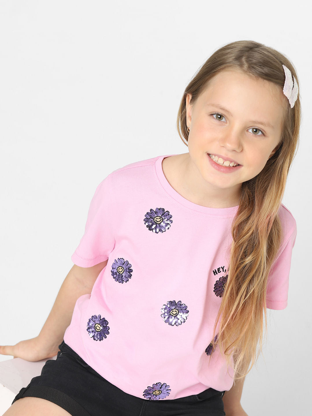 Girls Pink Floral Print T-Shirt