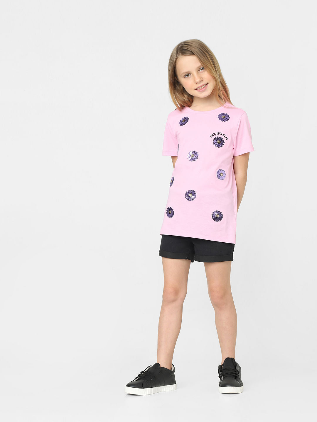 Girls Pink Floral Print T-Shirt