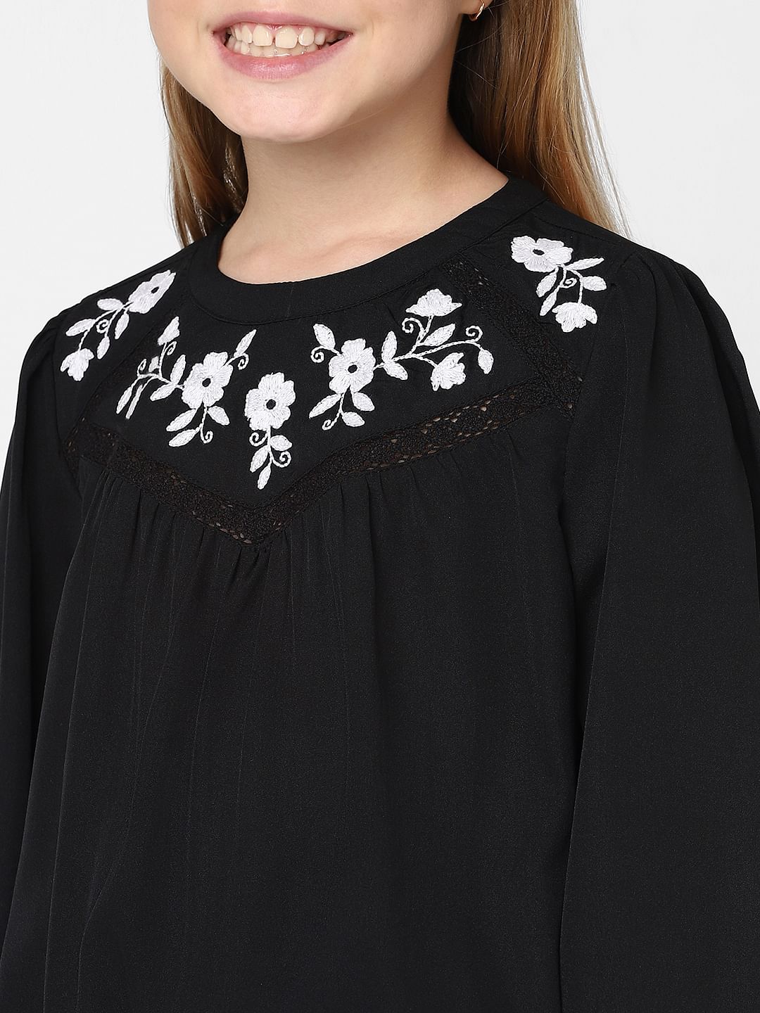 Girls Black Embroidered Smocked Top