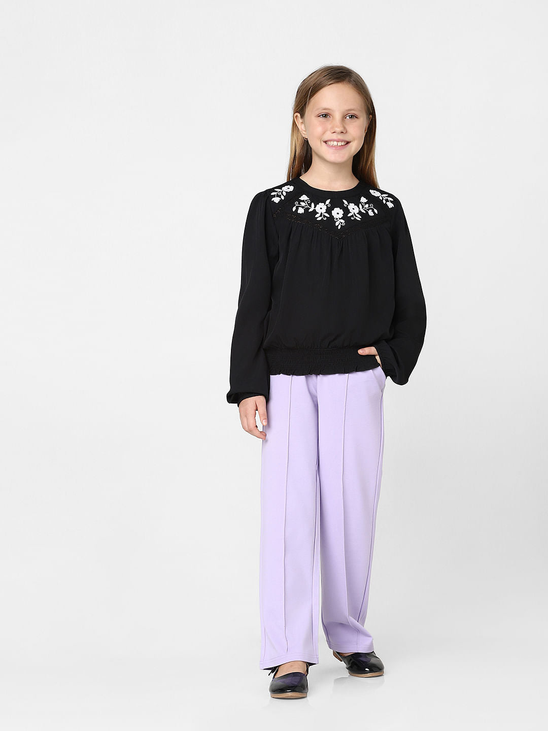 Girls Black Embroidered Smocked Top