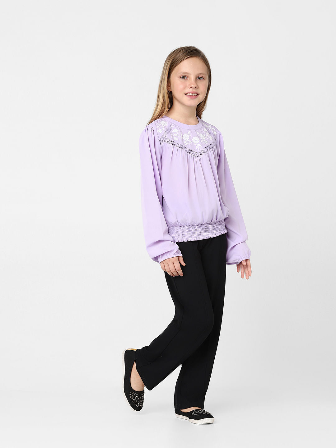 Girls Purple Embroidered Smocked Top
