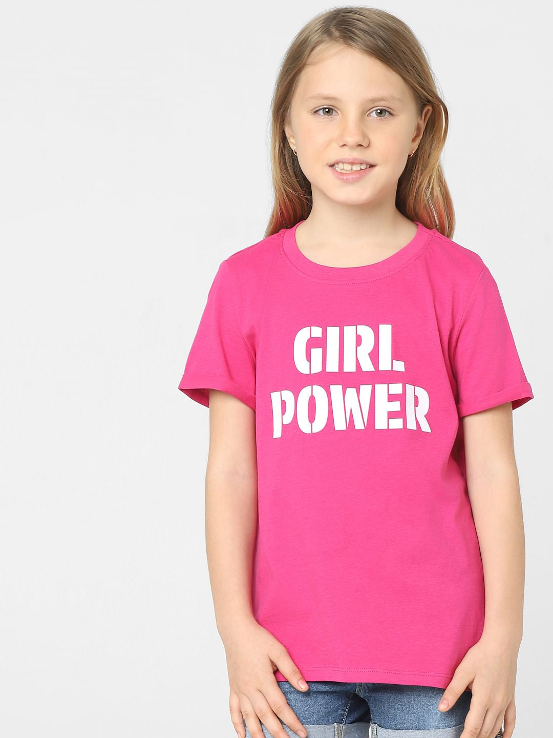 Girls Pink Text Print T-Shirt