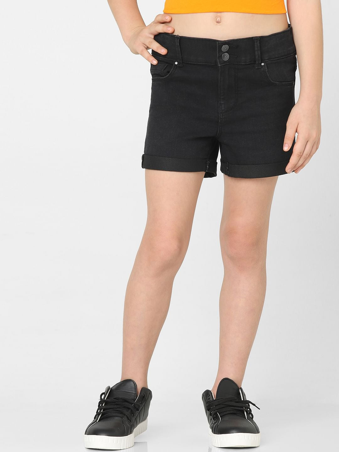 Girls Black Mid Rise Denim Shorts