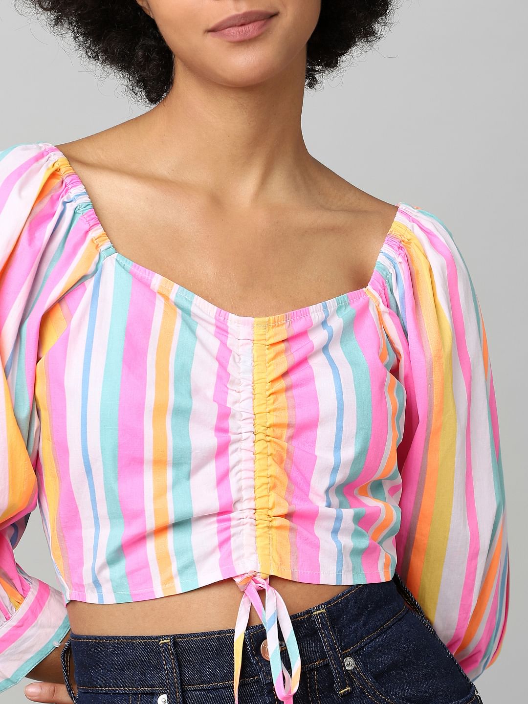 Multi-Colour Striped Cropped Ruched Top