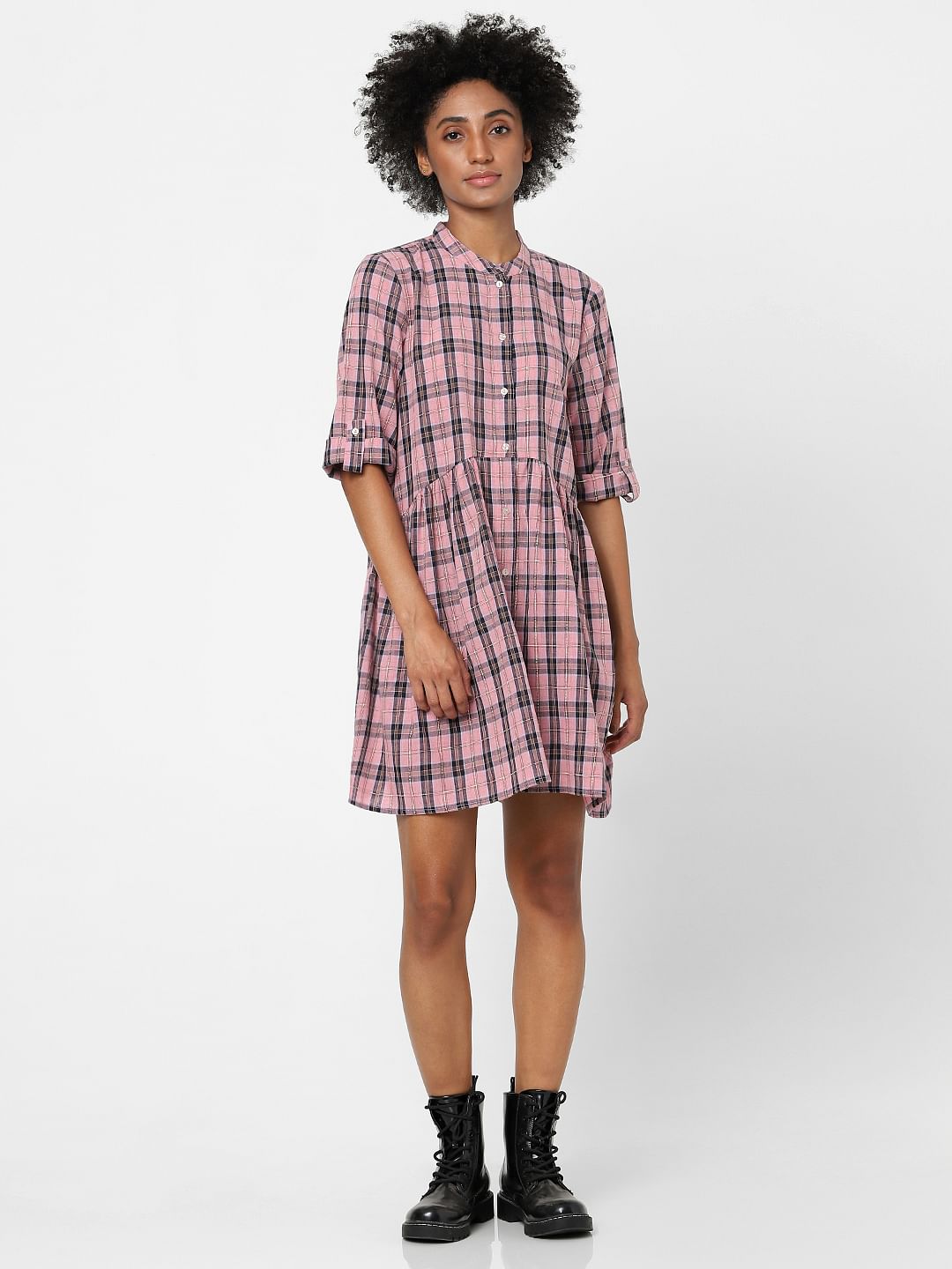 Pink Checked Shirt Dress
