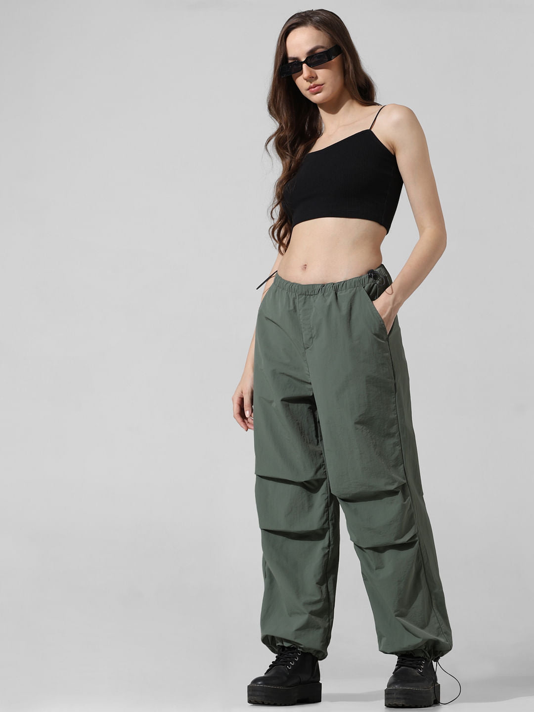 Green High Rise Parachute Pants