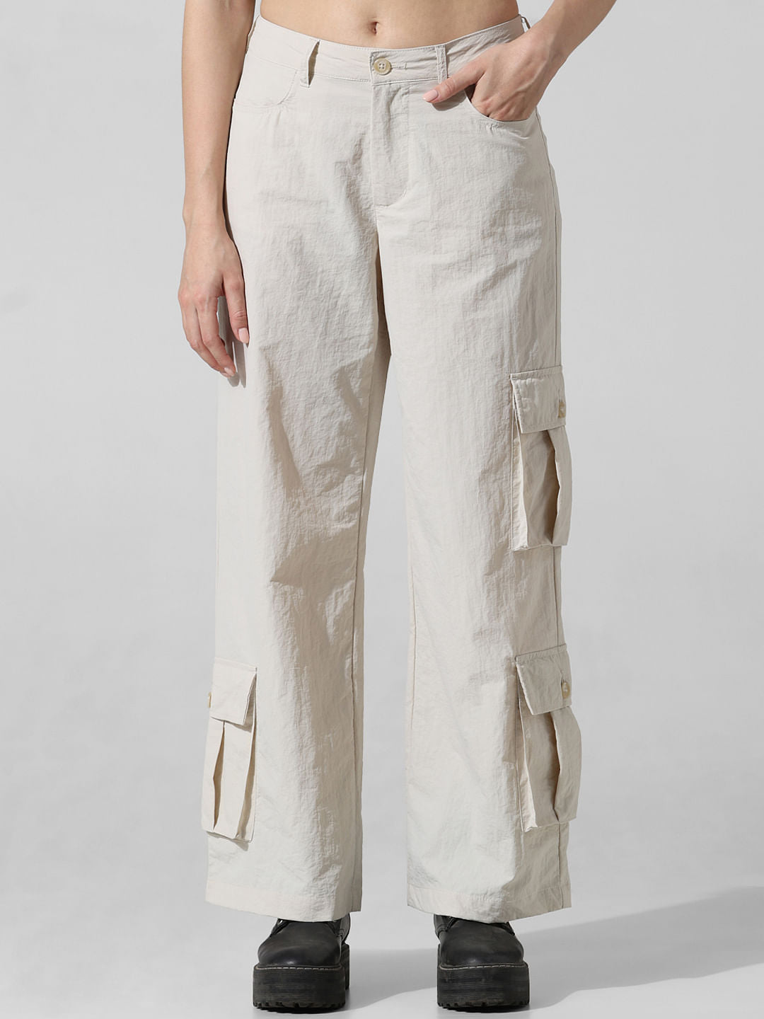 Cream High Rise Parachute Cargo Pants