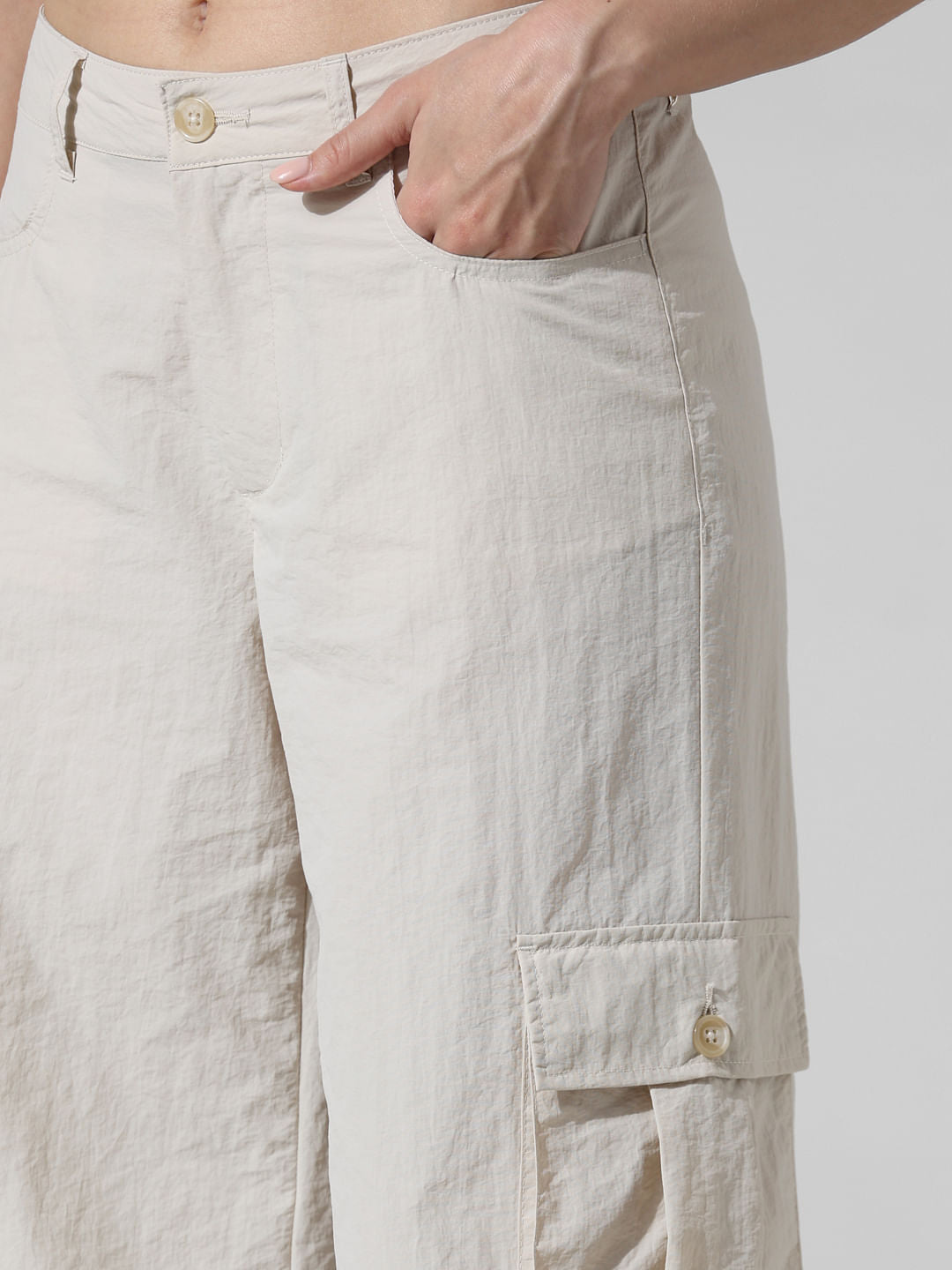 Cream High Rise Parachute Cargo Pants