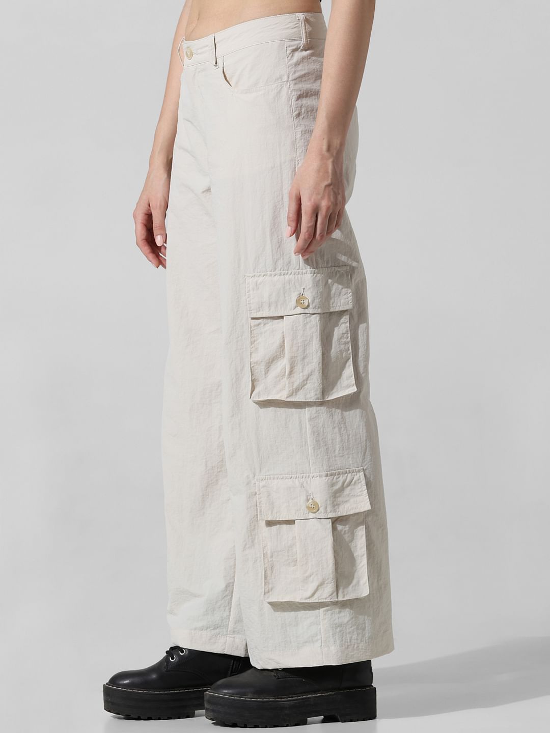 Cream High Rise Parachute Cargo Pants