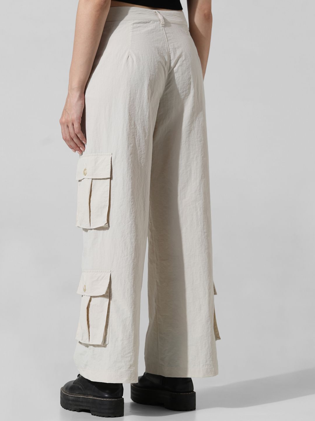 Cream High Rise Parachute Cargo Pants