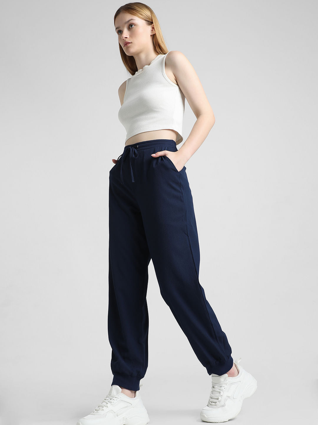 Navy High Rise Textured Joggers