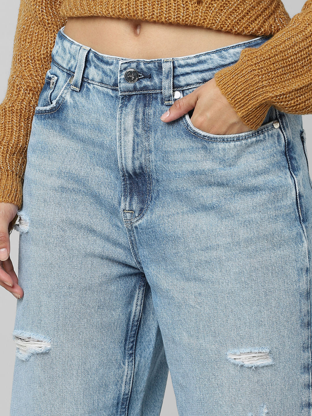 Blue High Rise Distressed Boyfriend Jeans