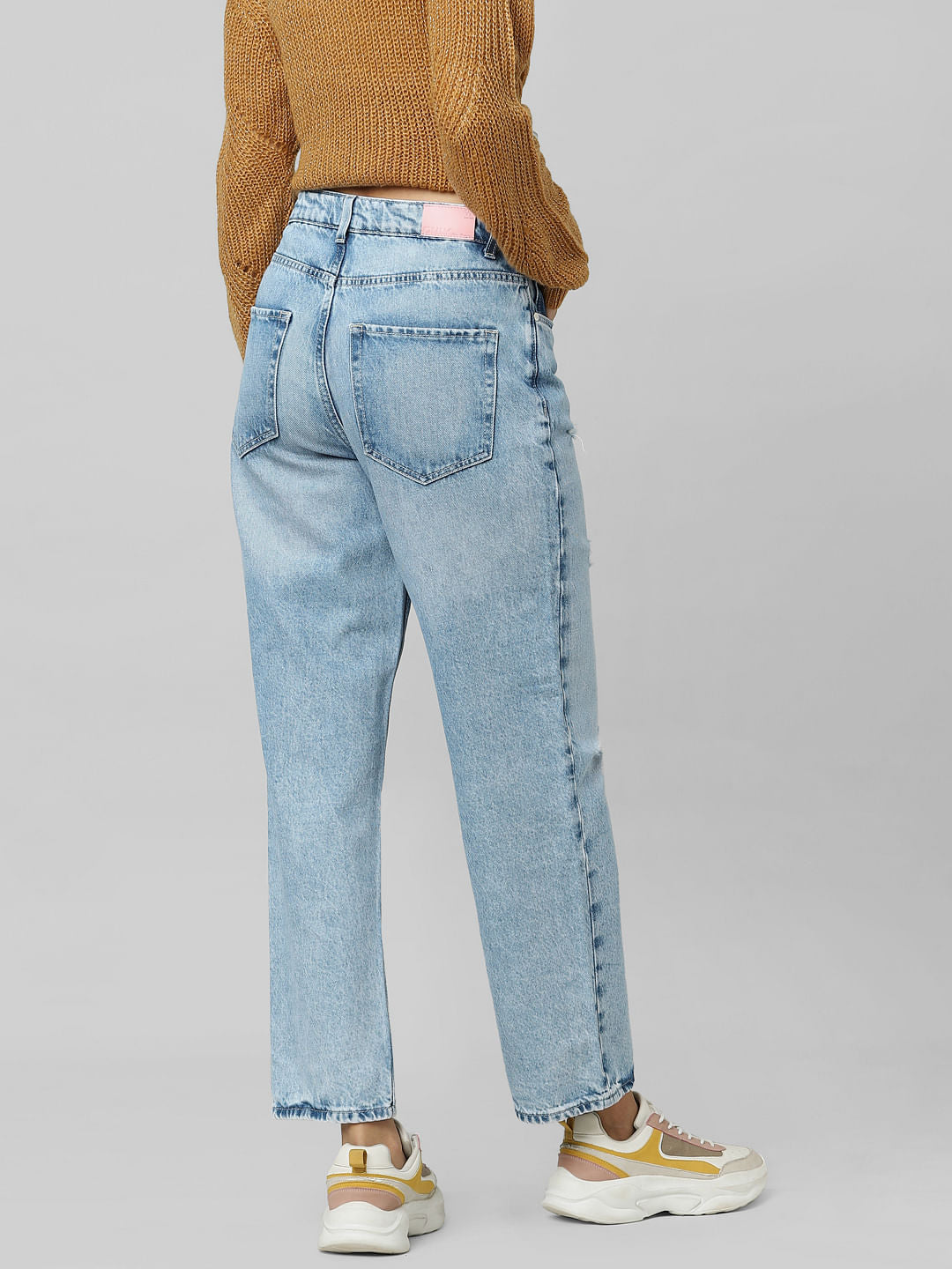 Blue High Rise Distressed Boyfriend Jeans