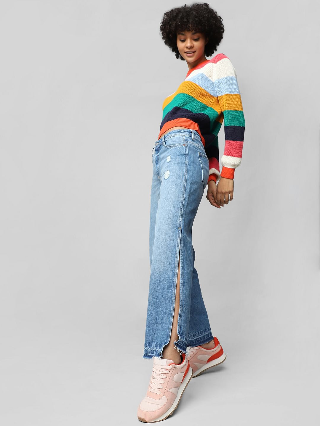 Blue Mid Rise Side-Slit Wide Leg Jeans