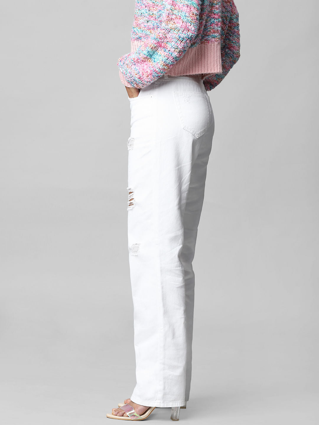 White High Rise Ripped Straight Jeans