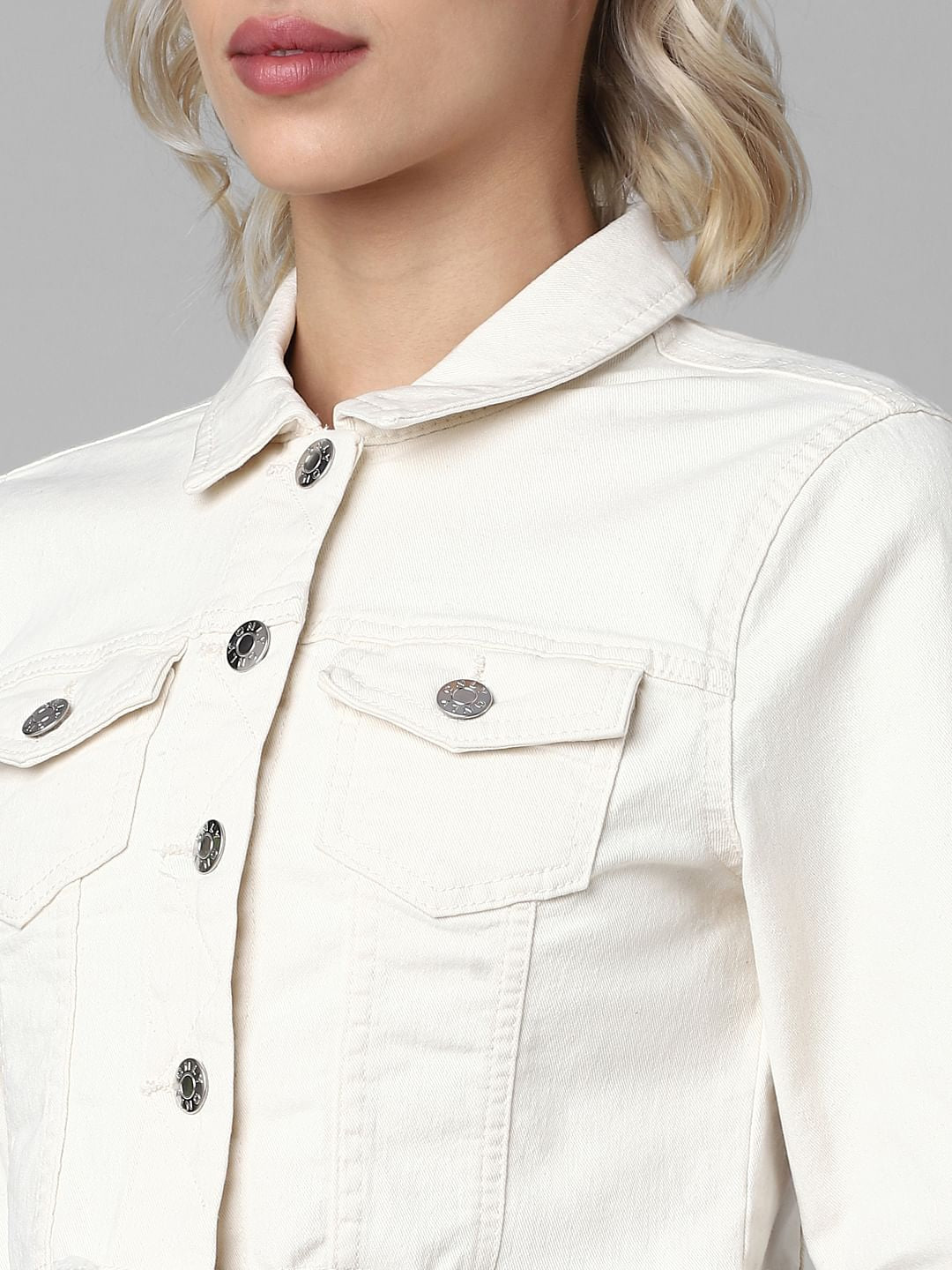 Beige Cropped Denim Jacket