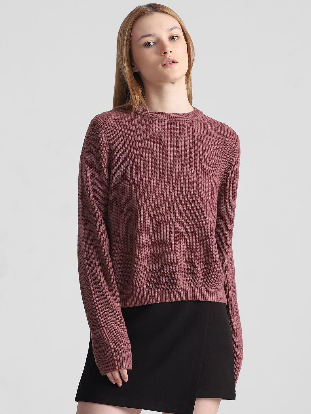 Rose Brown Rib-Knit Pullover