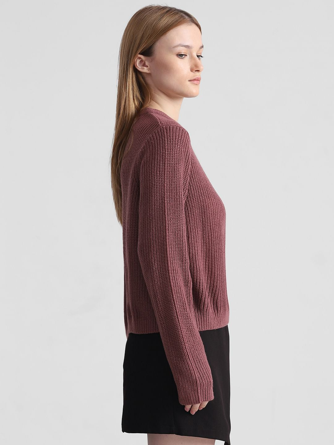 Rose Brown Rib-Knit Pullover