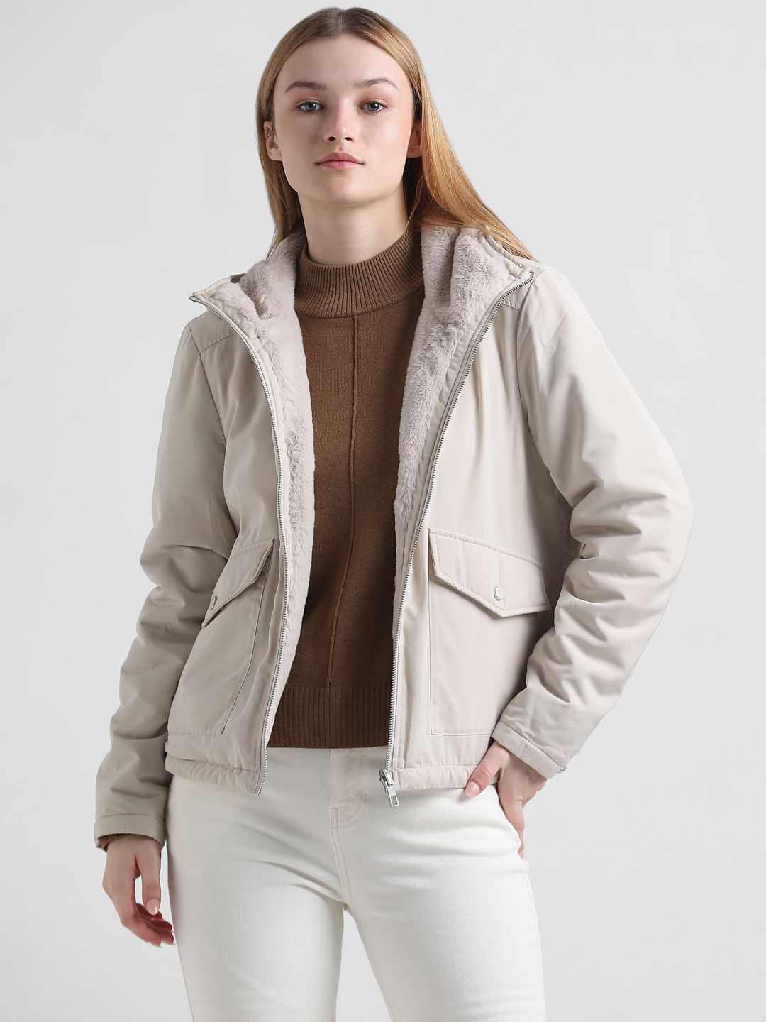 Cream Reversible Hooded Winter Jacket