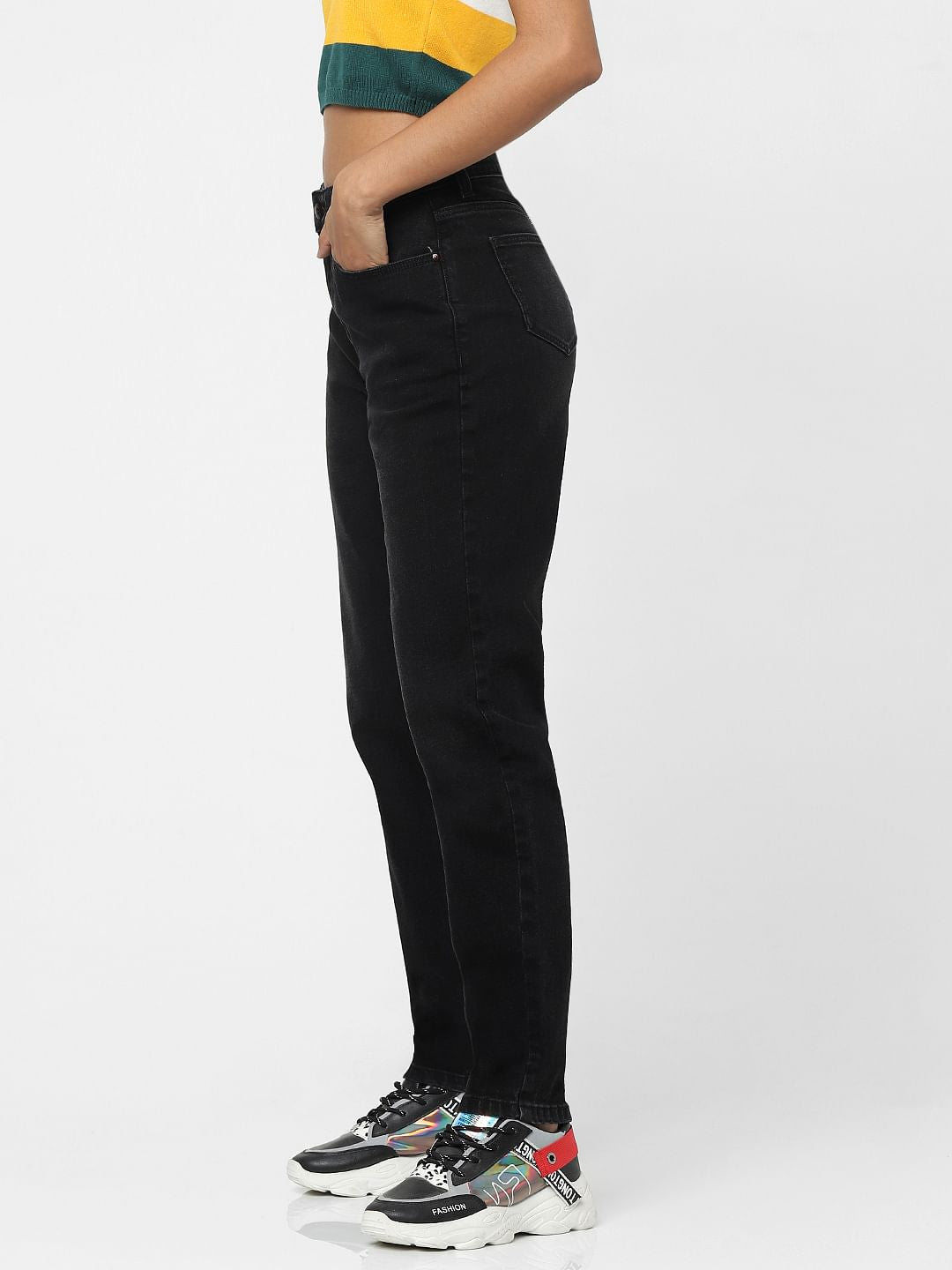 Black High Waist Faded Straight Jeans