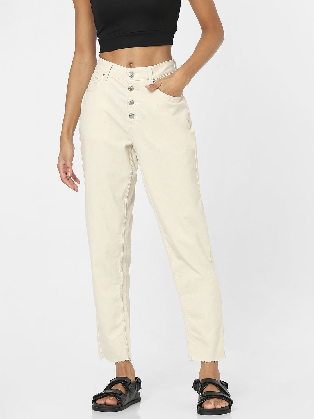 Beige Mid Rise Boyfriend Jeans