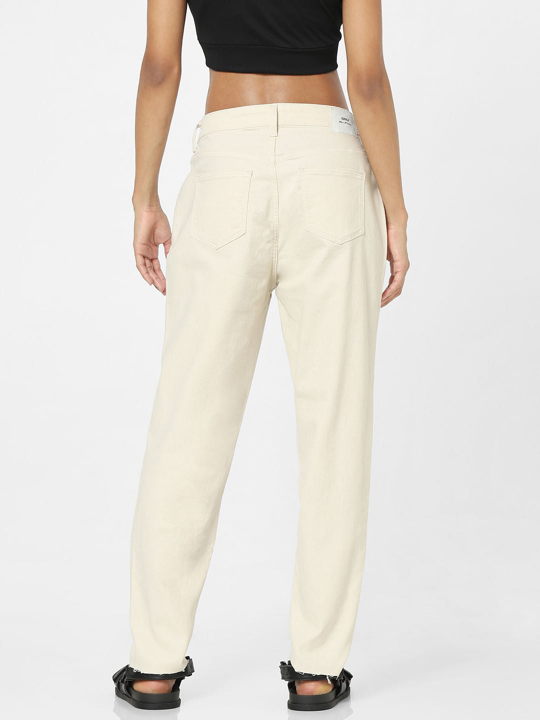 Beige Mid Rise Boyfriend Jeans