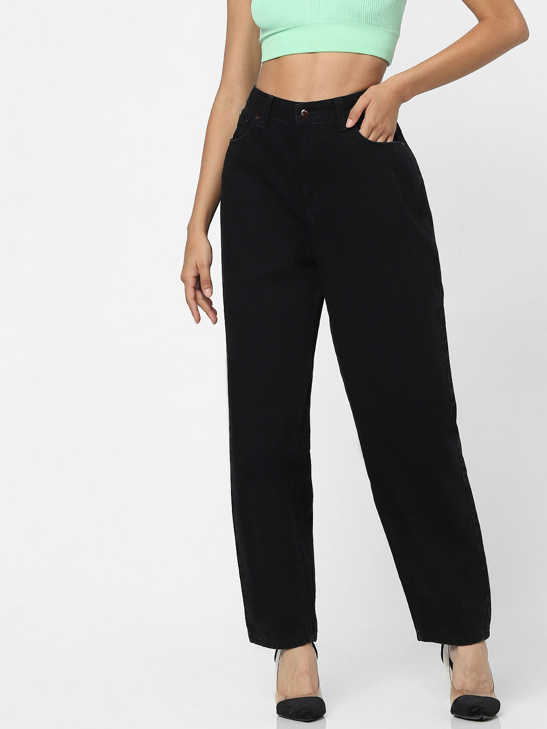 Black High Waist Raw Edge Mom Jeans