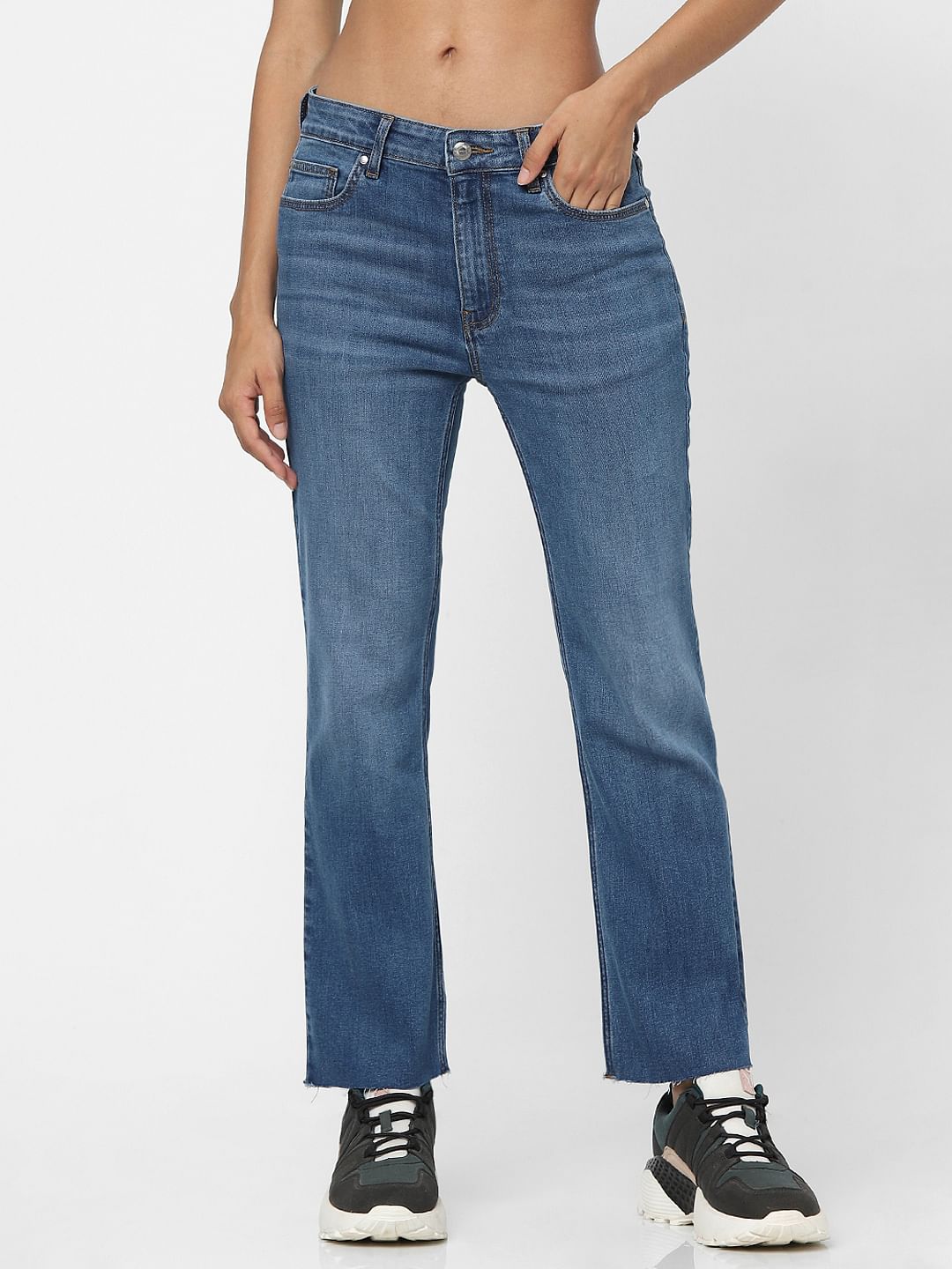 Light Blue High Waist Raw Edge Flared Jeans