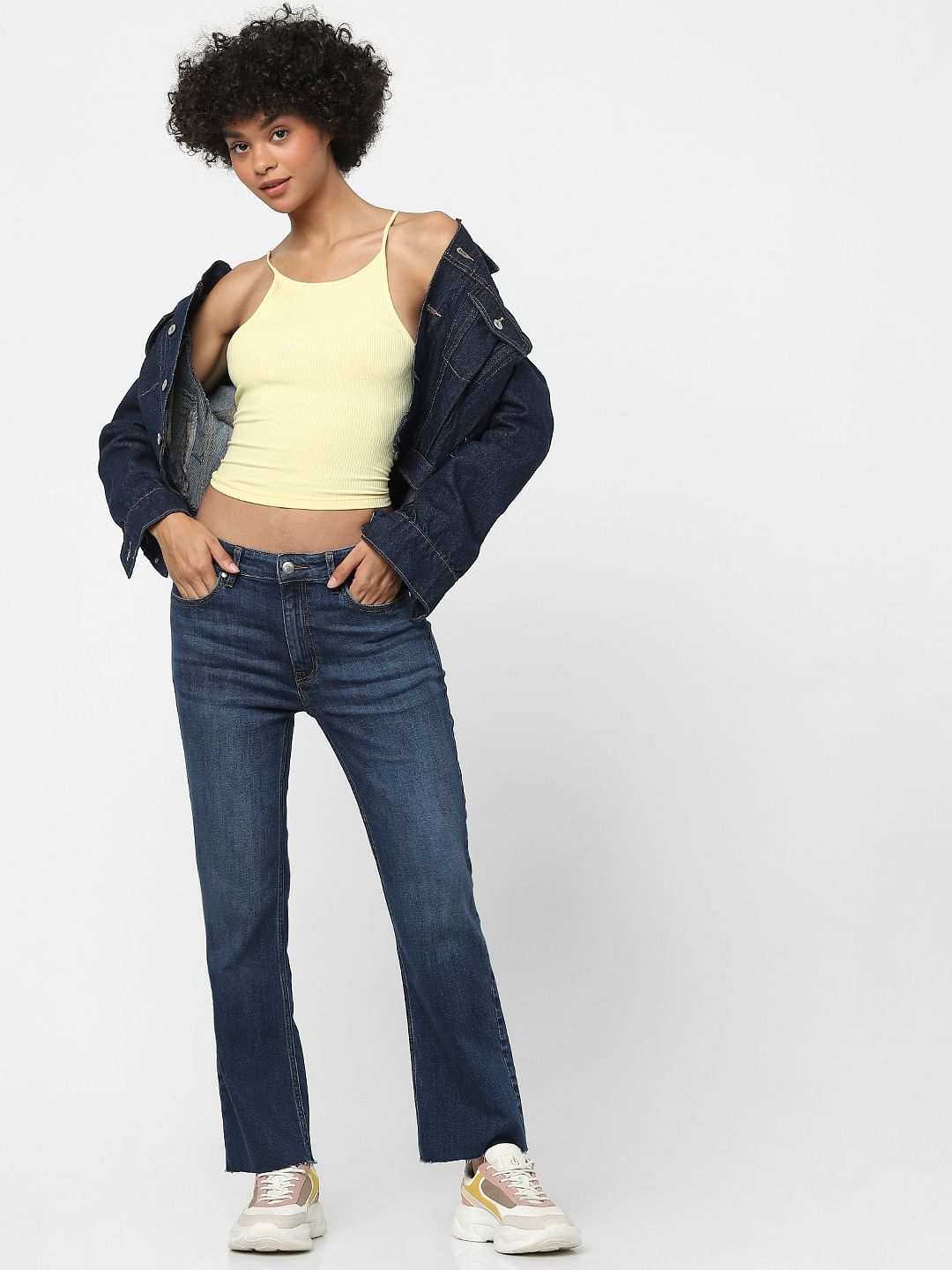 Dark Blue High Waist Raw Edge Flared Jeans