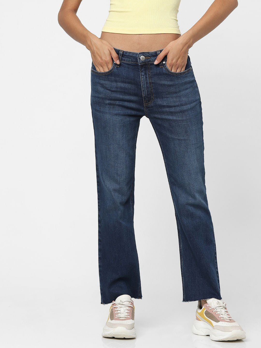 Dark Blue High Waist Raw Edge Flared Jeans