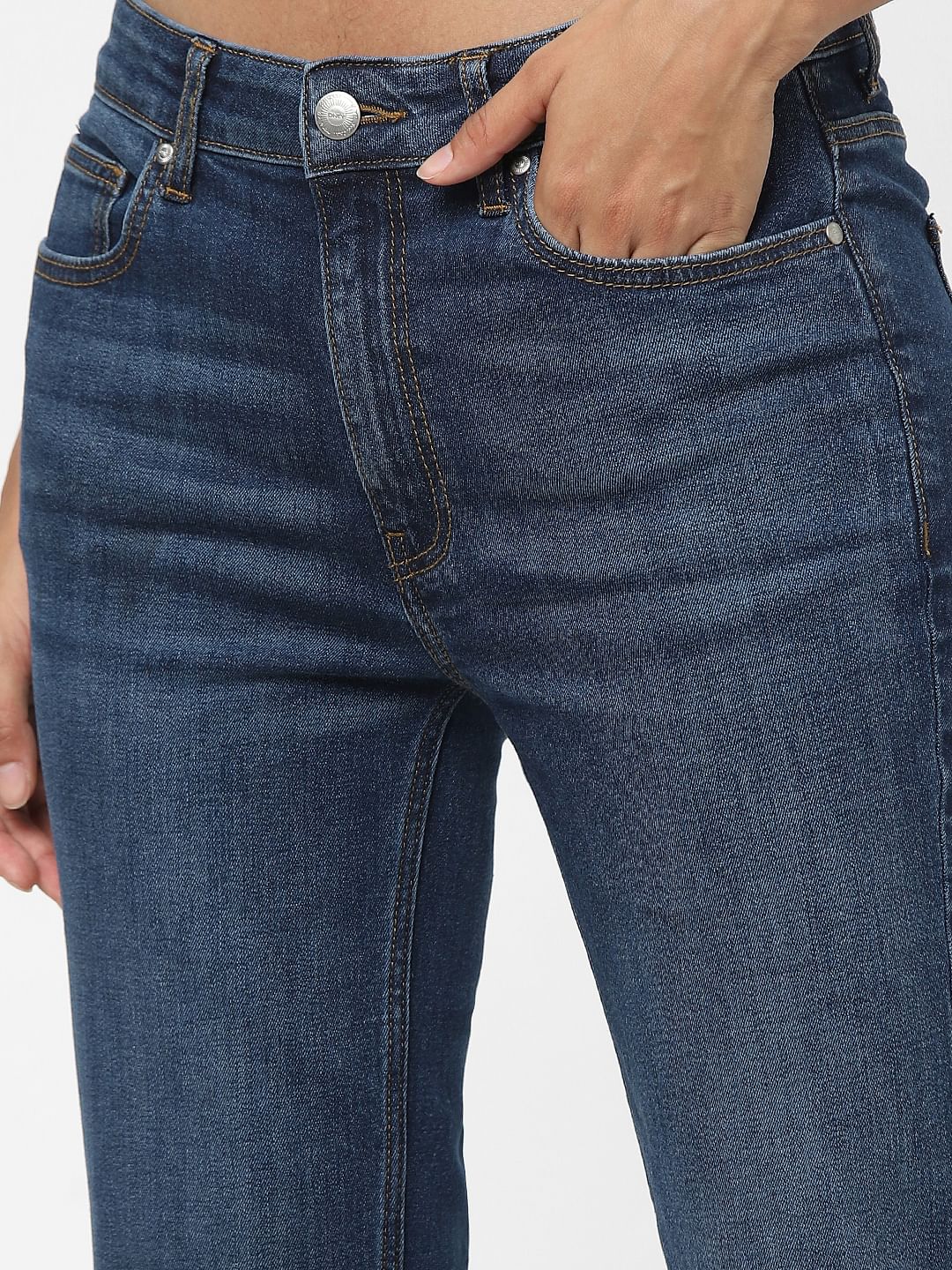 Dark Blue High Waist Raw Edge Flared Jeans