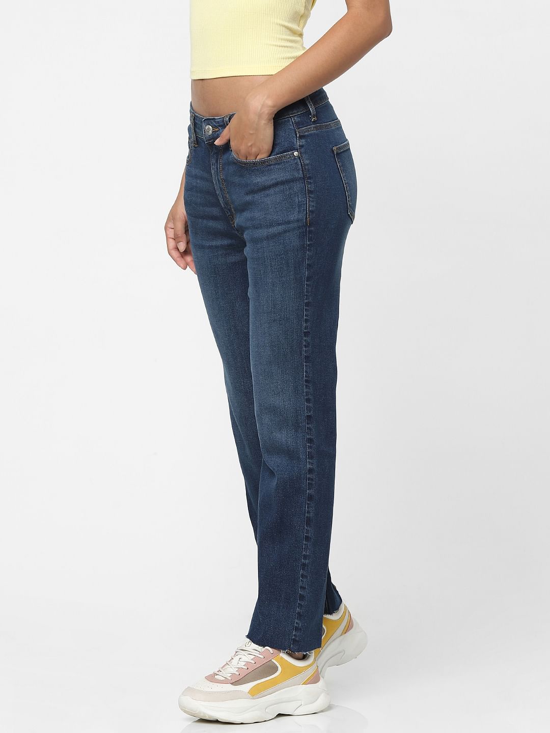 Dark Blue High Waist Raw Edge Flared Jeans