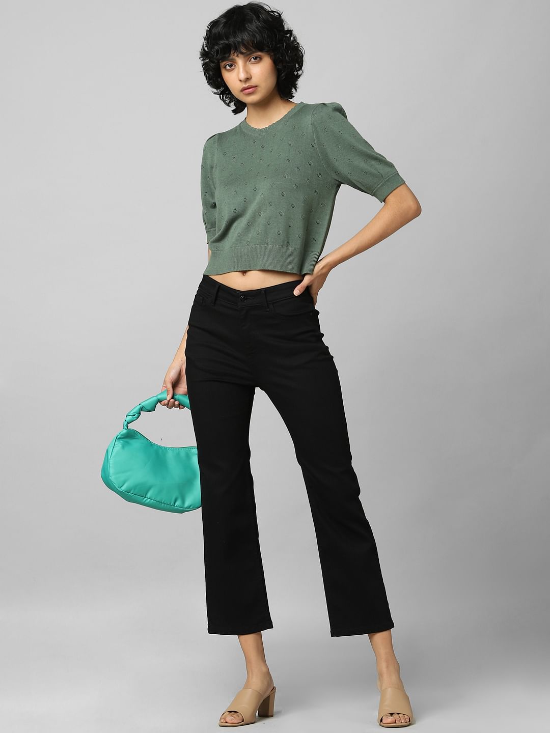 Dark Green Pointelle Knit Pullover