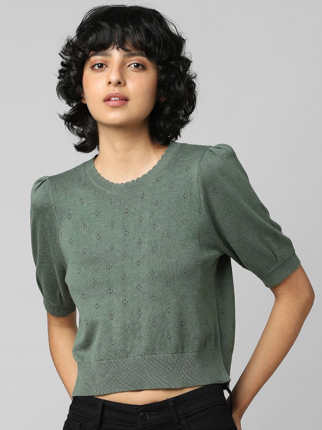 Dark Green Pointelle Knit Pullover