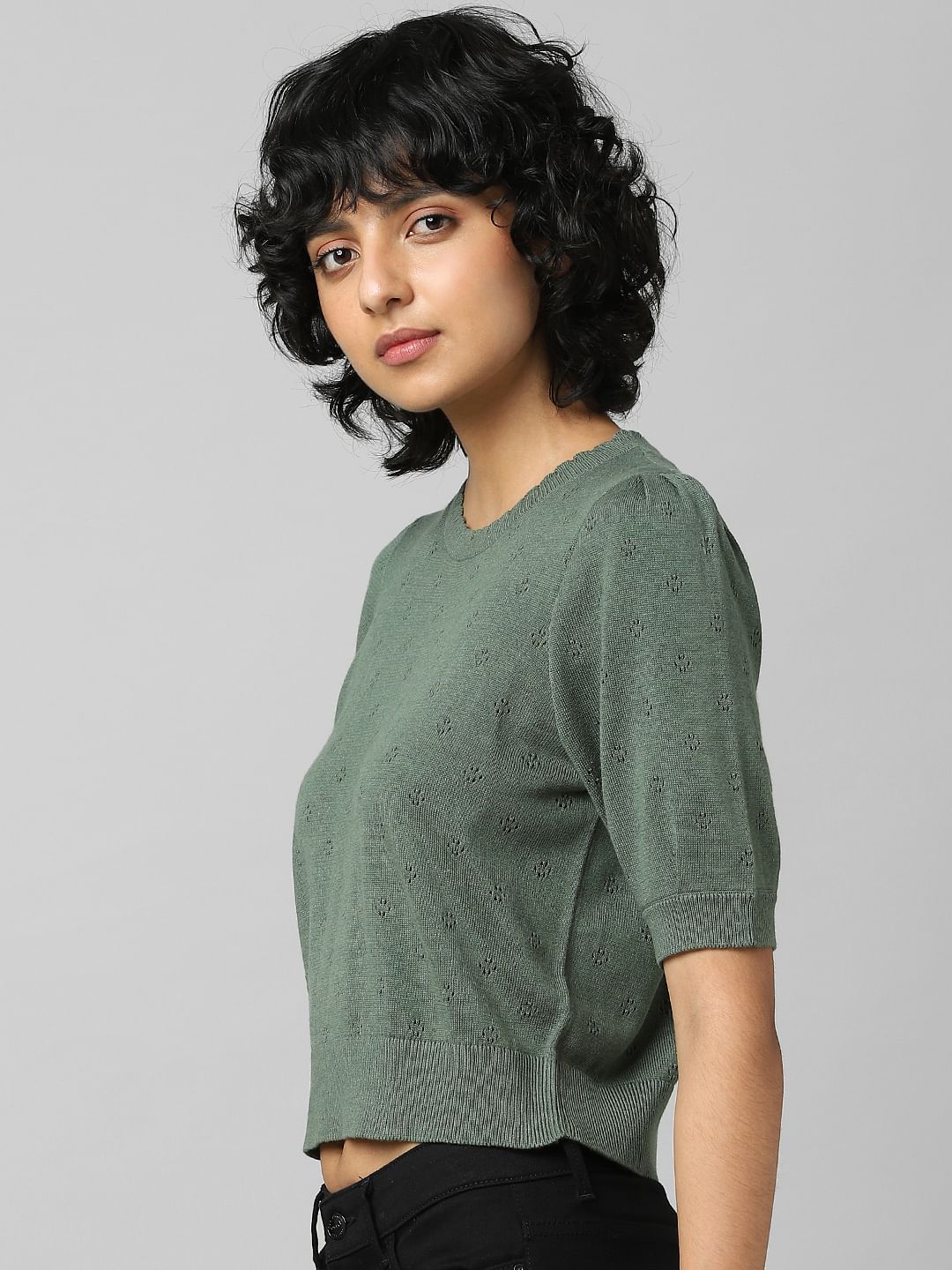 Dark Green Pointelle Knit Pullover