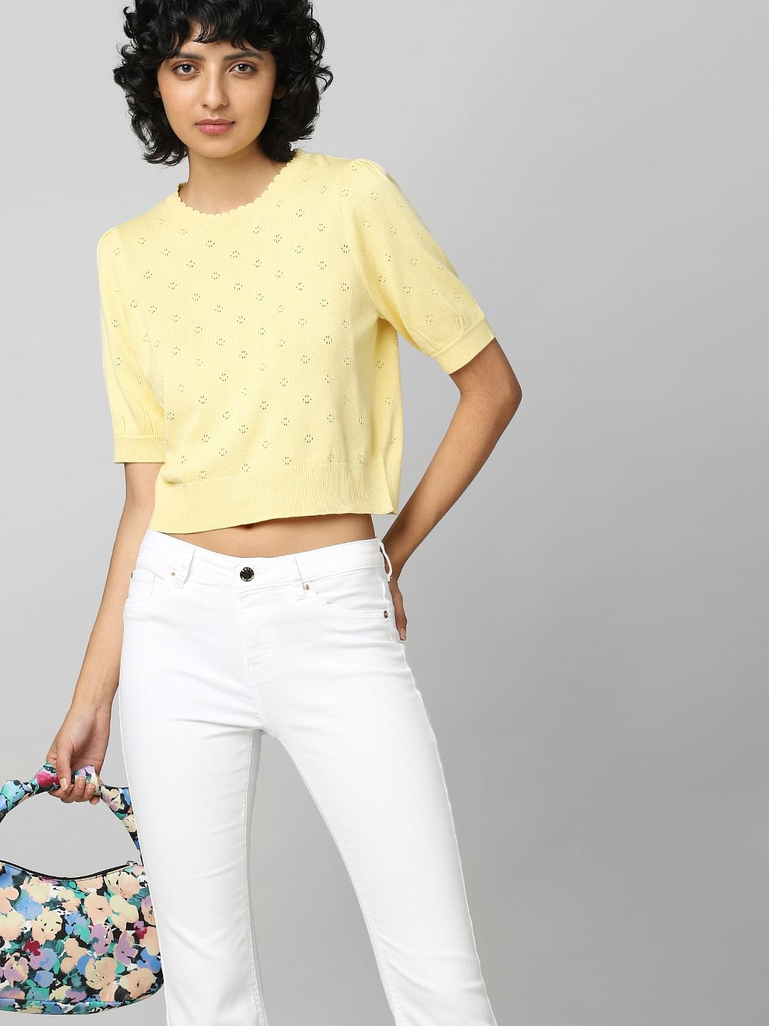 Yellow Pointelle Knit Pullover
