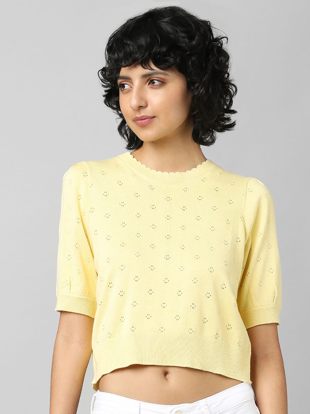 Yellow Pointelle Knit Pullover
