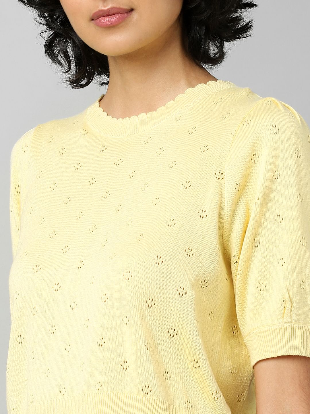 Yellow Pointelle Knit Pullover