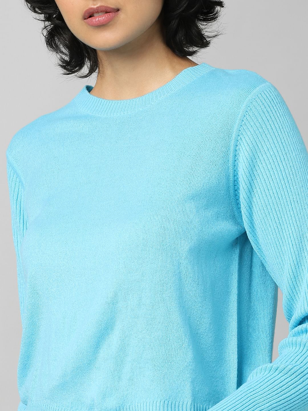 Blue Ribbed Sleeves Pullover