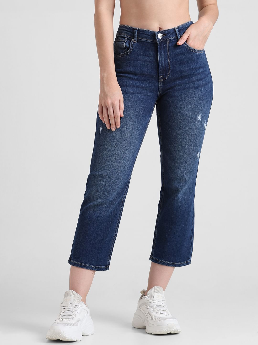 Dark Blue High Rise Distressed Cropped Jeans