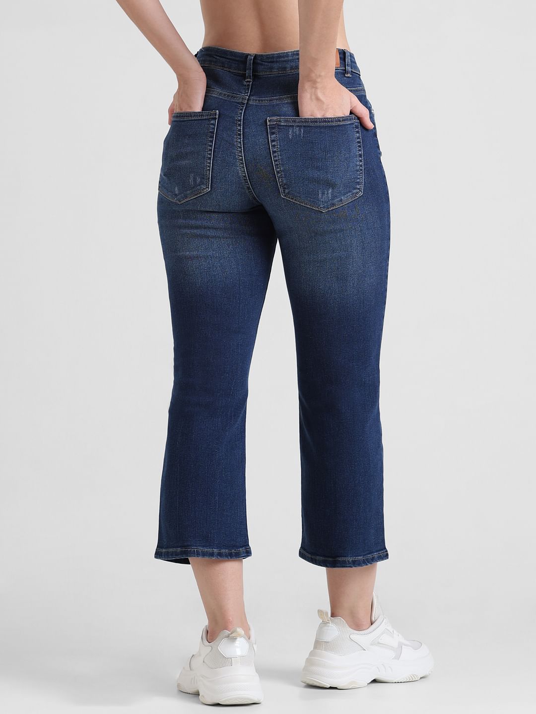 Dark Blue High Rise Distressed Cropped Jeans