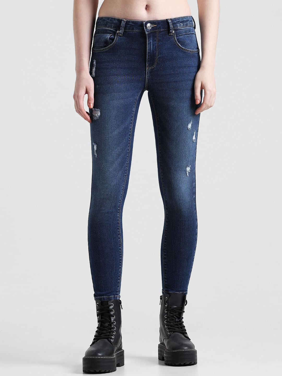 Dark Blue Mid Rise Push Up Skinny Jeans