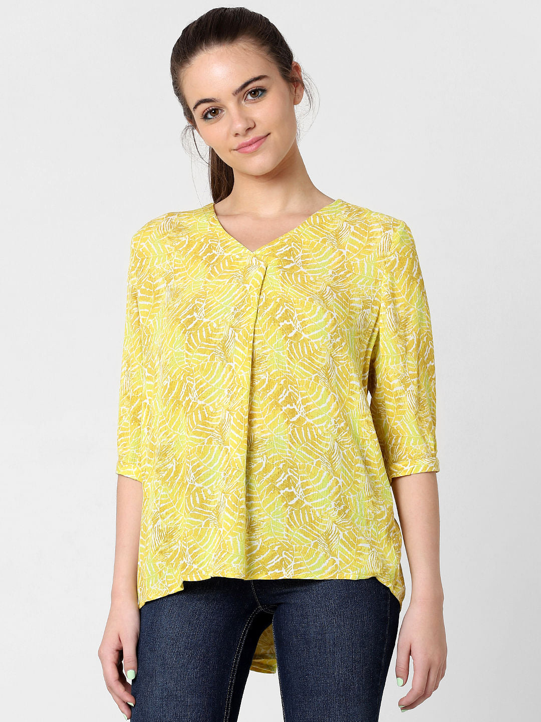 Yellow Leaf Print Top