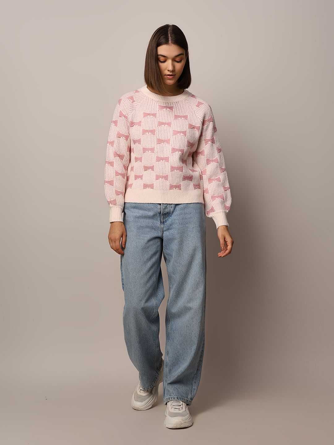 Light Pink Bow Detail Jacquard Pullover